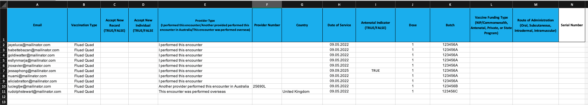 Sample populated AIR bulk upload sheet