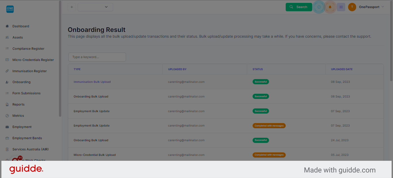 Onboarding Results page
