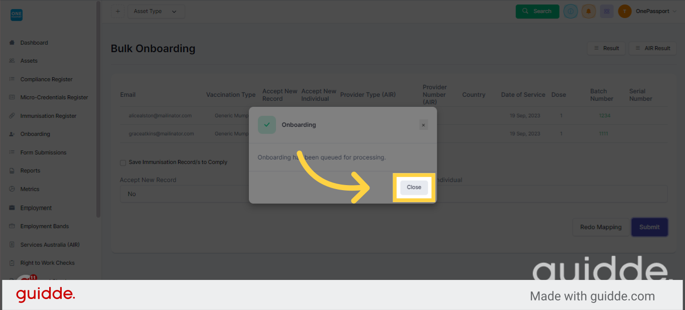 Pop-up message - click Close