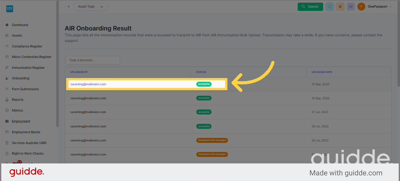 AIR Onboarding Result page
